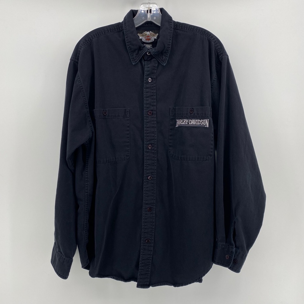 Harley-Davidson Men Black Cotton Twill Embroidered Logo Button Down Shirt Large